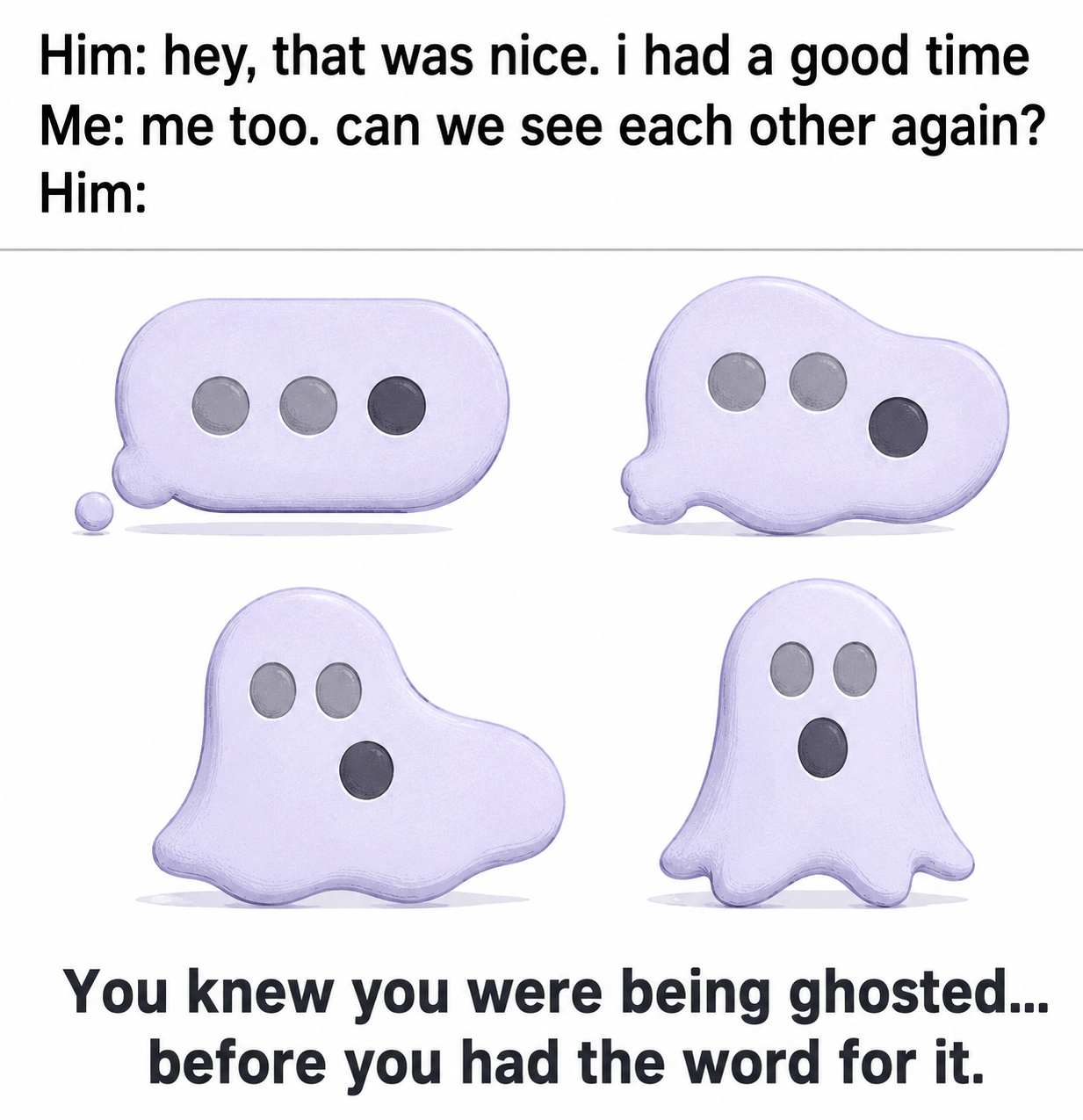 Minimalist meme showing a text conversation followed by four ghost-shaped typing bubbles, illustrating someone being ignored after a date.