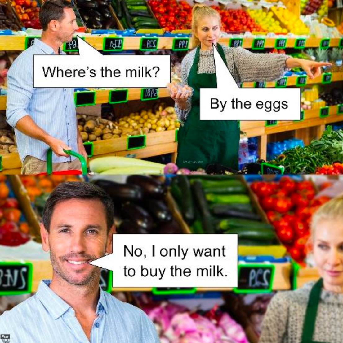 Grocery store conversation meme showing misunderstanding between “Where’s the milk?” and “By the eggs,” illustrating ambiguity in English